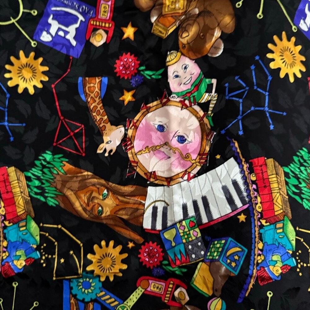 Nicole Miller 1994 Silk Scarf FAO Schwarz Toy Print Celestial Vintage RARE EUC